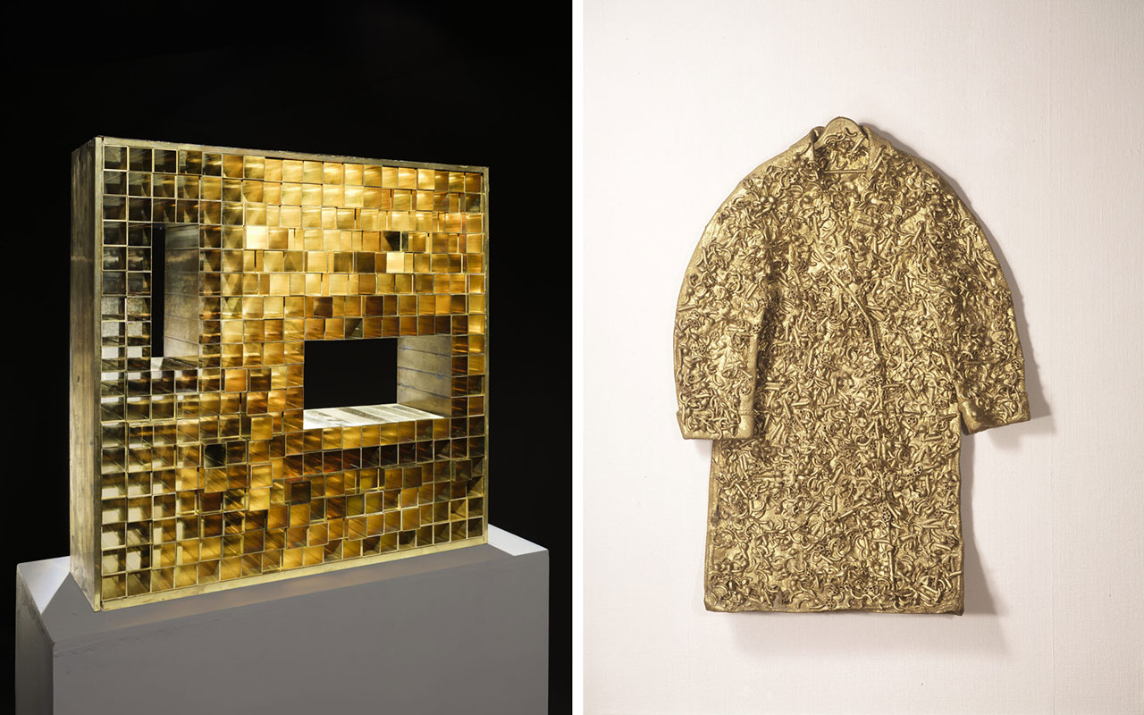 Left: Miyawaki Aiko, Work, 1967, Brass, 47.5×49.5×12.0 cm, Photo by Nakagawa Shu Right: Kusama Yayoi, Macaroni Coat, 1963, Mixed media, 118.5×80.3×12.0 cm, Itabashi Art Museum, ©YAYOI KUSAMA