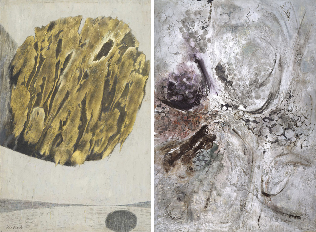 Left: Akana Keiko, Objects in the Space, 1958, Oil on canvas, 100.0×65.0 cm, Private collection Right: Fukushima Hideko, White Noise, 1959, Oil on canvas, 130.5×92.0 cm, Tochigi Prefectural Museum of Fine Arts