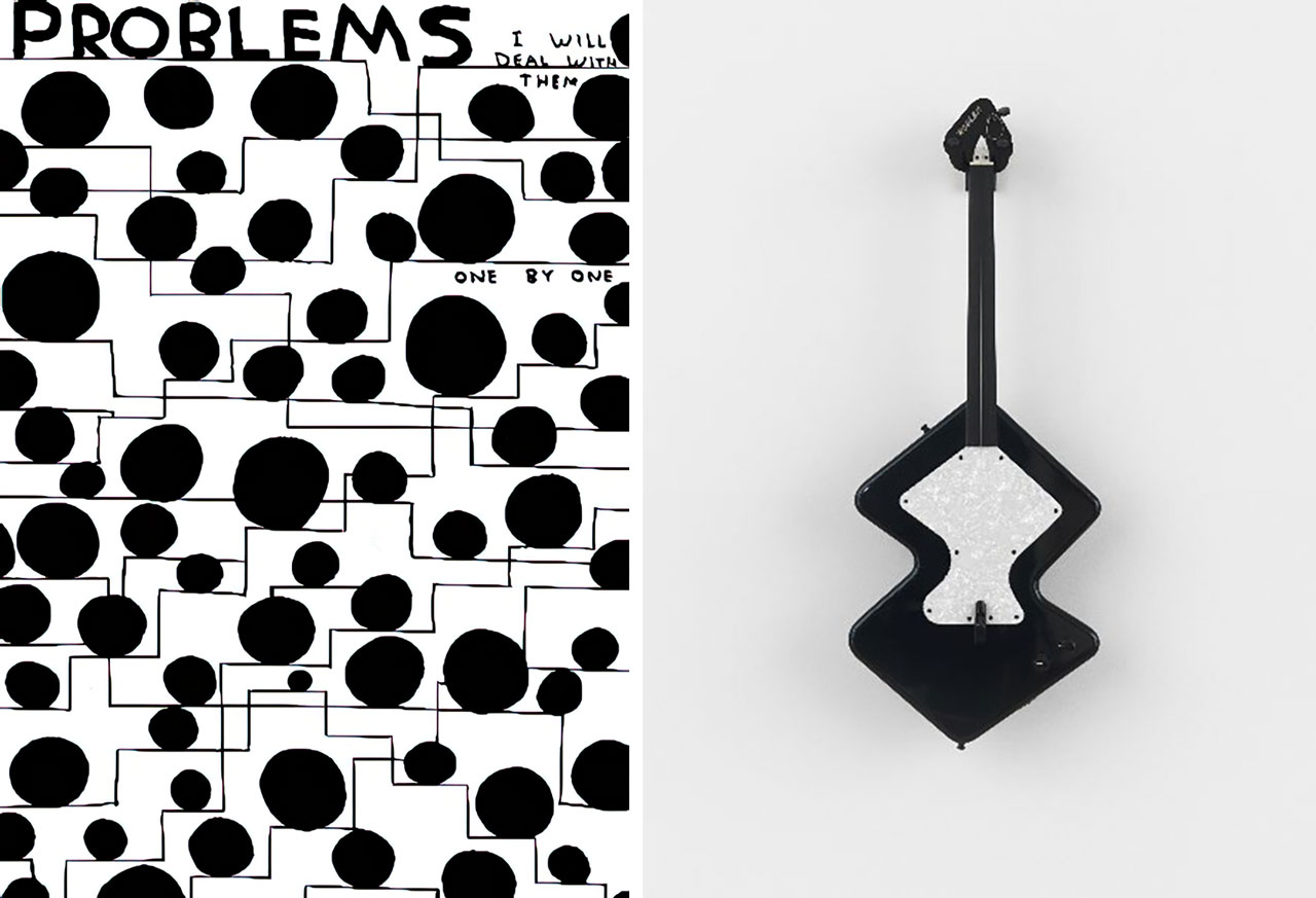 Left: David Shrigley, Problems, 202 Right: Custom Electric Guitars made for the 'Problem', designed by David Shrigley, 2016