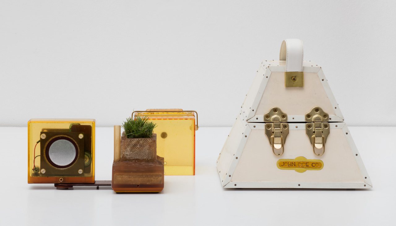 Carl Cheng, Emergency Nature Supply Kit (E.N. Supply, No. 271-OJ), 1970, Sculpture: case, polyester resin, artificial grass, bird sounds, speaker; Film: 16mm transferred to digital (digital transfer 2015), Collection of George Wanlass, Venice, CA, Photo Credit: Brian Forrest