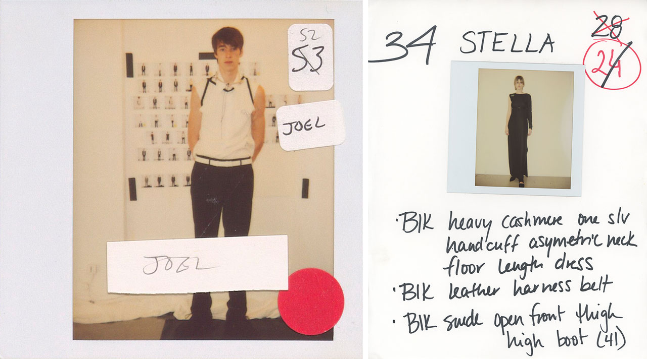 Left: BACKSTAGE, Helmut Lang, Show Fitting Polaroid, look 52, featuring Choker (ca. 1948) by Louise Bourgeois, Helmut Lang Collection Hommes Séance de Travail Défilé # Été 03 (2002). Depicted person: Joel Frampton, MAK Helmut Lang Archive, LNI 584-1-47. Courtesy of hl-art Right: Helmut Lang, Show Fitting Polaroid on paper with handwritten look descriptions, Helmut Lang Collection Hommes Femmes Séance de Travail Défilé # Hiver 01/02 (2001). Depicted person: Stella Tennant, MAK Helmut Lang Archive. Courtesy of hl-art