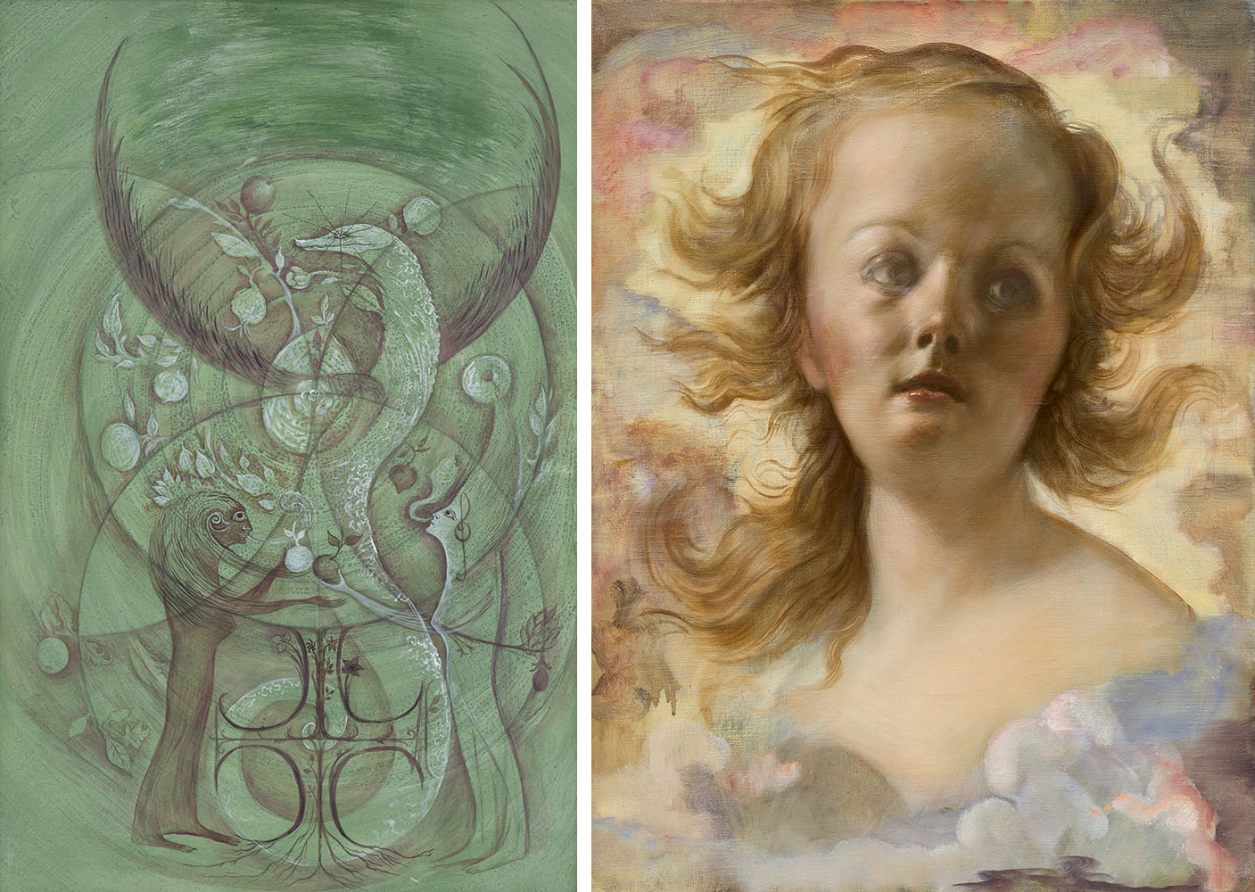 Left: Leonora Carrington, Mujeres Conciencia, 1972, Gouache, ink, graphite, and watercolor on cardboard, 29 1/4 x 19 inches (74.3 x 48.3 cm), © 2025 Estate of Leonora Carrington/Artists Rights Society (ARS), New York, Photo: Owen Conway, Courtesy Gagosian Right: John Currin, Face in Clouds, 2025, Oil on canvas, 32 x 24 inches (81.3 x 61 cm), © John Currin, Photo: Owen Conway, Courtesy Gagosian 