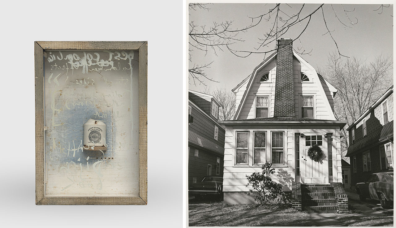 Left: Joseph Cornell, Chambre Gothique “Moutarde Dijon”, 1950, Wood, paint, printed paper, ceramic, metal nails, and glass-paned wood box construction, 19 x 13 x 4 1/4 inches (48.3 x 33 x 10.8 cm), © 2025 The Joseph and Robert Cornell Memorial Foundation/Licensed by VAGA at Artists Rights Society (ARS), New York, Courtesy Michael Rosenfeld Gallery and Gagosian Right: Joseph Cornell’s family home at 37–08 Utopia Parkway in Queens, New York, 1969. © 1991 Hans Namuth Estate, Courtesy Center for Creative Photography, University of Arizona