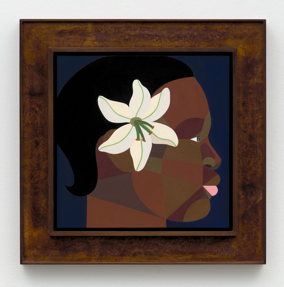Derrick Adams, Untitled (Woman with Orchid), 2024, Acrylic on panel, 20 1/2 x 20 1/2 inches (52.1 x 52.1 cm), © Derrick Adams Studio, Photo: Owen Conway, Courtesy Gagosian