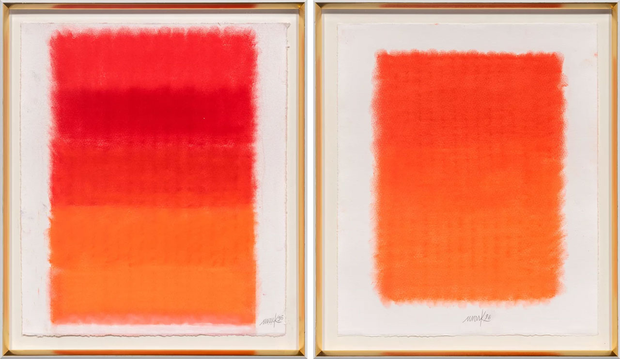 Left: Heinz Mack, Untitled, 1996, Pastel crayon on hand-made paper, 38 x 32 cm, 15 x 12 1/2 in (unframed), 44 x 38 x 3 cm, 17 1/2 x 15 x 1 in (framed), © Heinz Mack, Courtesy the artist and Almine Rech Gallery Right: Heinz Mack, Untitled, 1996, Pastel crayon on hand-made paper, 38 x 32 cm, 15 x 12 1/2 in (unframed), 44 x 38 x 3 cm, 17 1/2 x 15 x 1 in (framed), © Heinz Mack, Courtesy the artist and Almine Rech Gallery