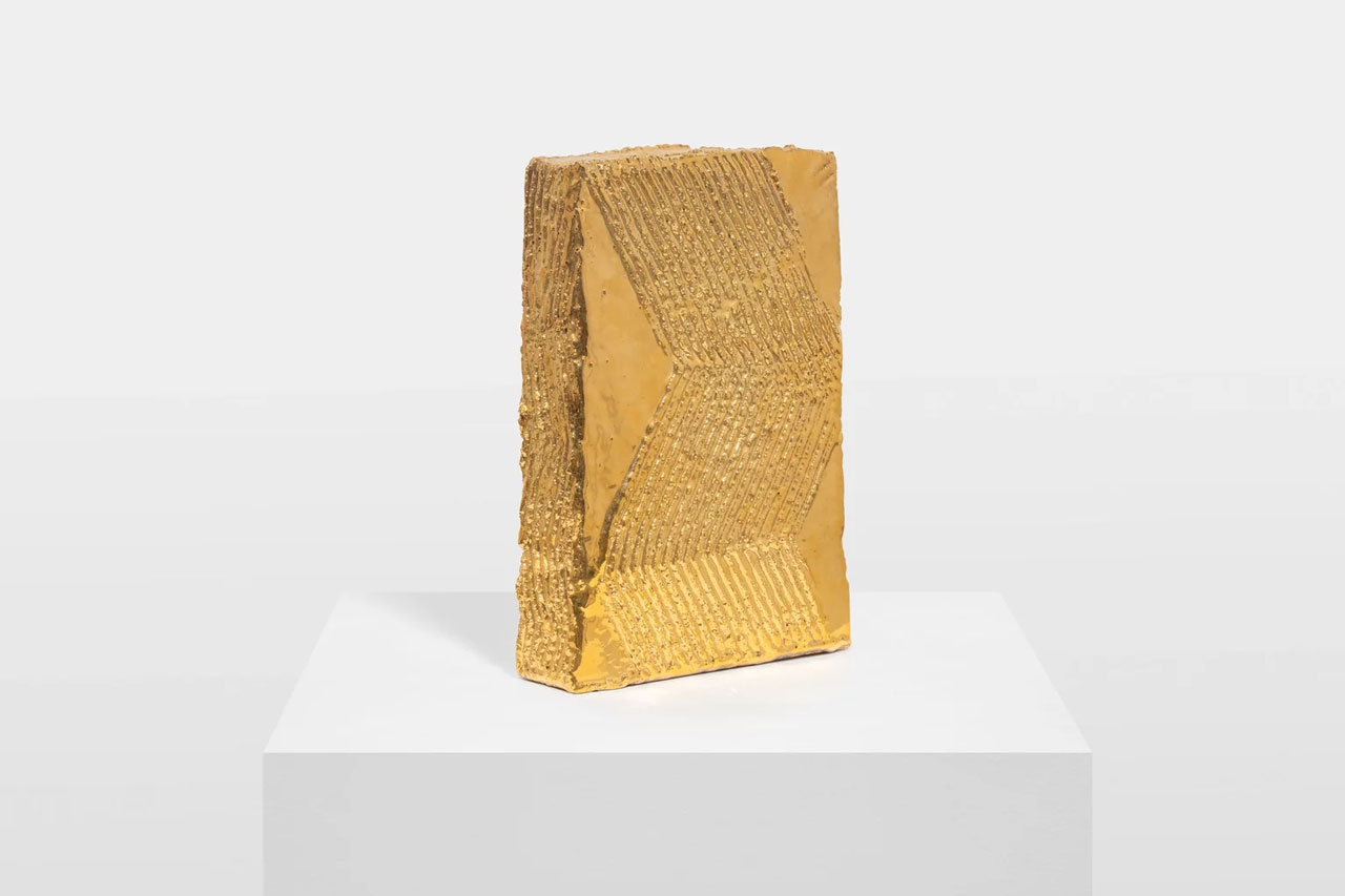 Heinz Mack, Untitled, 1997 , Glazed ceramic, bright gold, 21 x 31 x 5.5 cm, 8 1/2 x 12 x 2 in, © Heinz Mack, Courtesy the artist and Almine Rech Gallery