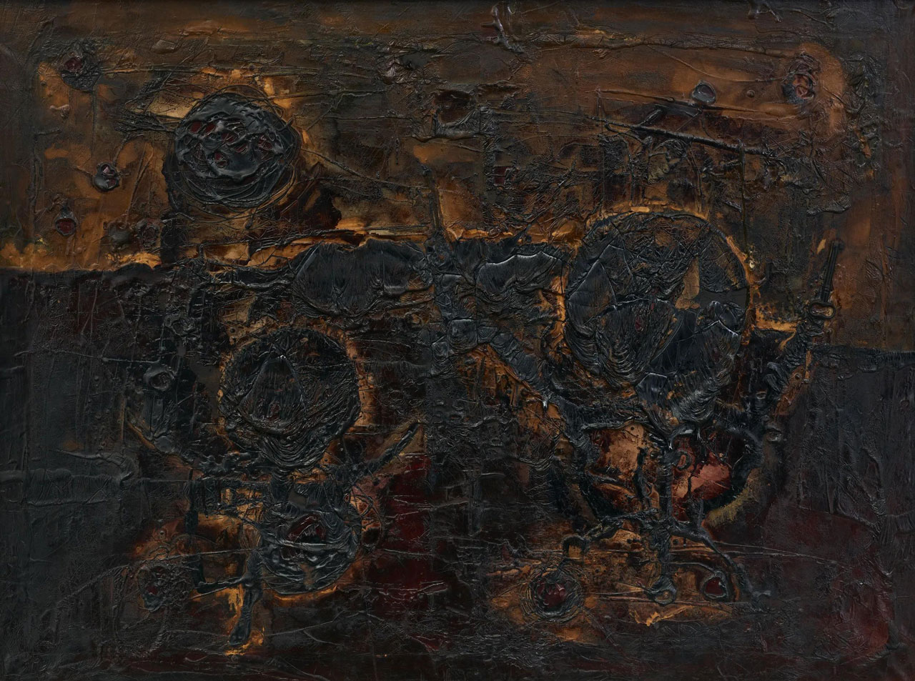 Piero Manzoni, Senza titolo (Untitled), 1957, Tar on canvas, 97 × 130 cm / 38 1/4 × 51 1/8 in, © Fondazione Piero Manzoni, Milano Photo: Jon Etter, Courtesy © Fondazione Piero Manzoni & Hauser & Wirth Gallery