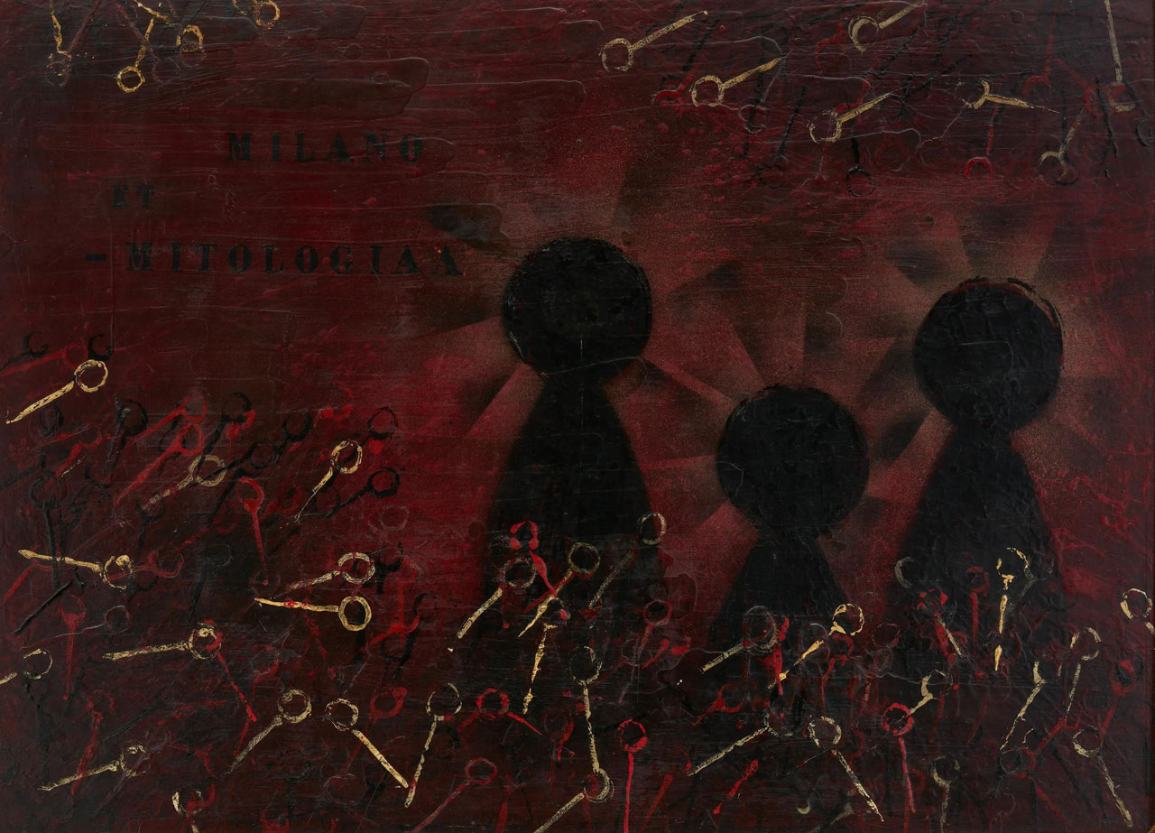 Piero Manzoni, Milano et mitologia (Milan and Mythology), 1956, Enamel, tempera and wax on board, 95 × 130 cm / 37 3/8 × 51 1/8 in, © Fondazione Piero Manzoni, MilanoPhoto: Jon Etter, Courtesy © Fondazione Piero Manzoni & Hauser & Wirth Gallery