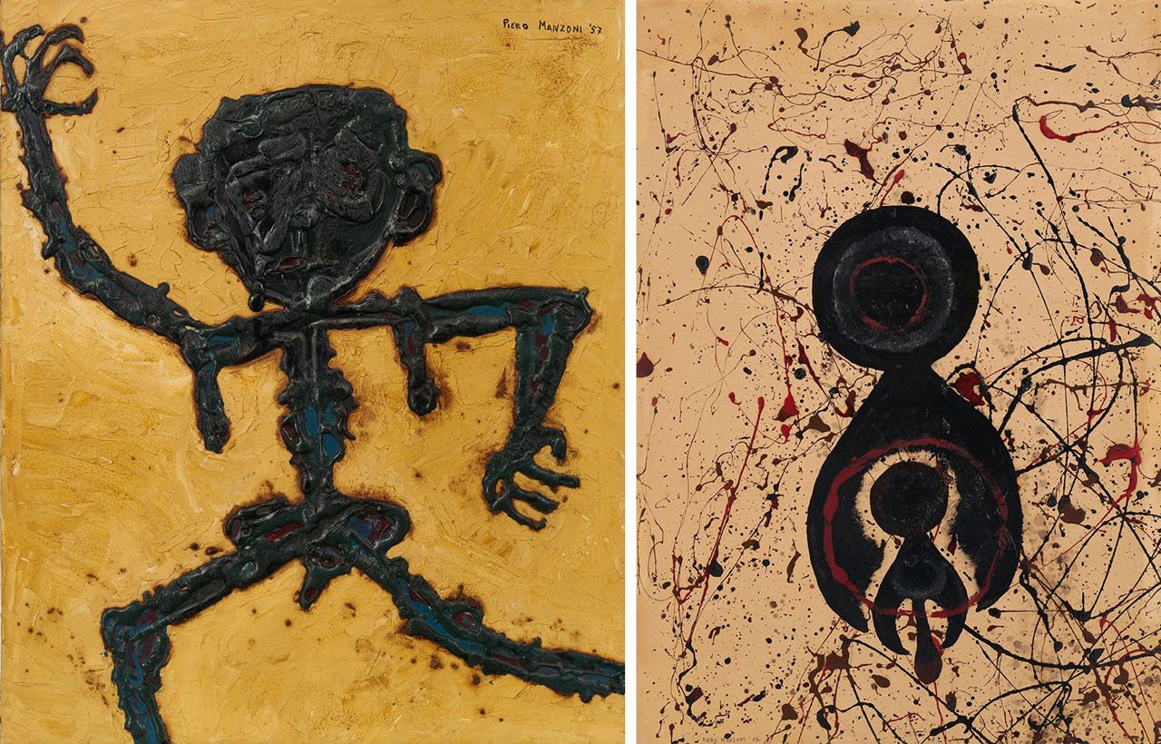 Left: Piero Manzoni, L’invincibile Jean (The Invincible Jean), 1957, Oil and tar on canvas, 60 x 50 cm / 23 5/8 x 19 5/8 in, © Fondazione Piero Manzoni, Milano Photo: Jon Etter, Courtesy © Fondazione Piero Manzoni & Hauser & Wirth Gallery Right: Piero Manzoni, Senza titolo (Untitled), 1957, • Enamel and tempera on paper, 70 × 50 cm / 27 1/2 × 19 5/8 in, © Fondazione Piero Manzoni, MilanoPhoto: Jon Etter, Courtesy © Fondazione Piero Manzoni & Hauser & Wirth Gallery