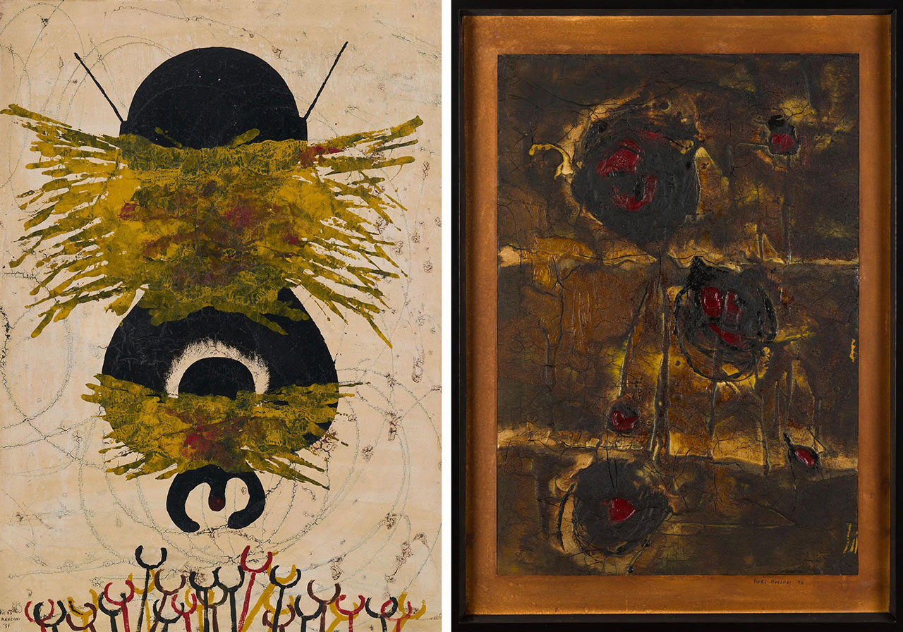 Left: Piero Manzoni, Senza titolo (Untitled), 1957, Enamel and tempera on canvas, 70 × 50 cm / 27 1/2 × 19 5/8 in, © Fondazione Piero Manzoni, Milano Photo: Jon Etter, Courtesy © Fondazione Piero Manzoni & Hauser & Wirth Gallery Right: Piero Manzoni, Senza titolo (Untitled), 1957, Tar on board, 70 x 50 cm / 27 1/2 x 19 5/8 in 73.7 x 53 x 5.5 cm / 29 x 20 7/8 x 2 1/8 in (framed), © Fondazione Piero Manzoni, Milano, Photo: Jon Etter, Courtesy © Fondazione Piero Manzoni & Hauser & Wirth Gallery