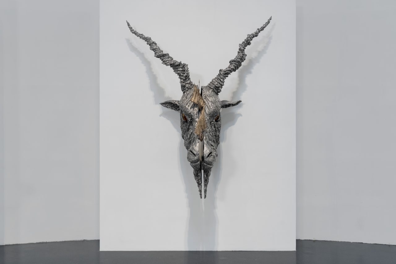 Jean-Marie Appriou, Porte du Capricorne, 2025, Patinated aluminum, bronze and glass, 280 x 217 x 113 cm, © Jean-Marie Appriou, Courtesy the artist and TANK Shanghai