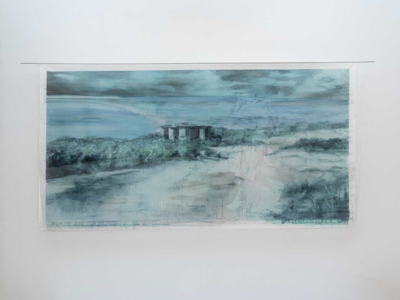 Sandra Del Pilar, En Gallipolli, from the series: Remainings, 2025, Oil on canvas and transparent fibers, 155 x 295 cm, © Sandra Del Pilar, Courtesy the artist