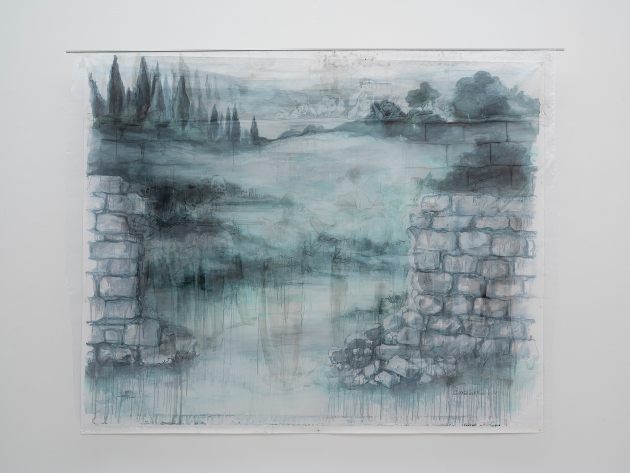 Sandra Del Pilar, En el cerro de las campanas, Querétaro, from the series: Remainings, 2025, Oil on canvas and transparent fibers, 157 x 194 cm, © Sandra Del Pilar, Courtesy the artist and Zilberman Gallery