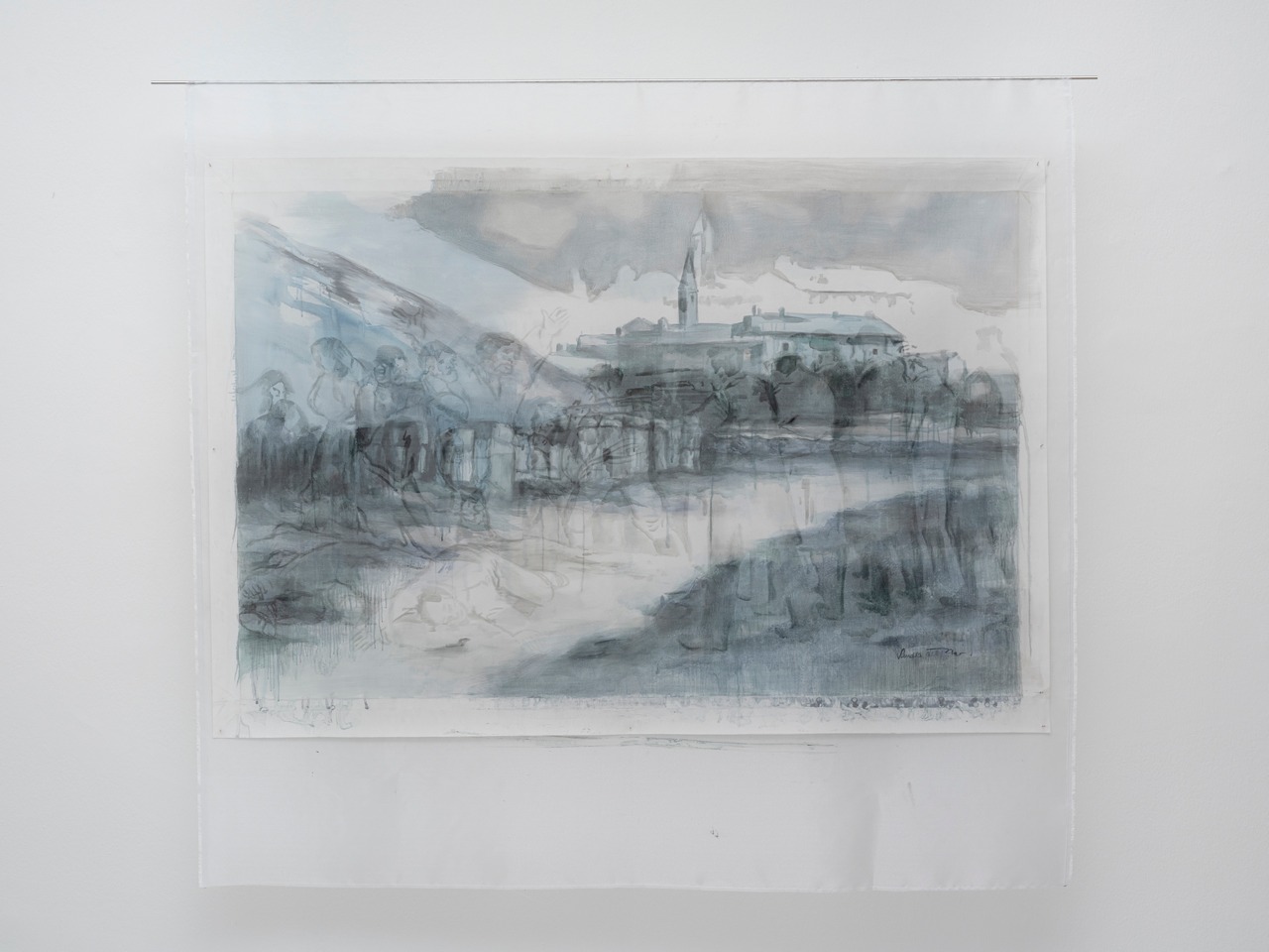 Sandra Del Pilar, En la montaña del Príncipe Pío, Madrid, from the series: Remainings, 2025, Oil on canvas and transparent fibers, 103 x 150 cm, © Sandra Del Pilar, Courtesy the artist and Zilberman Gallery