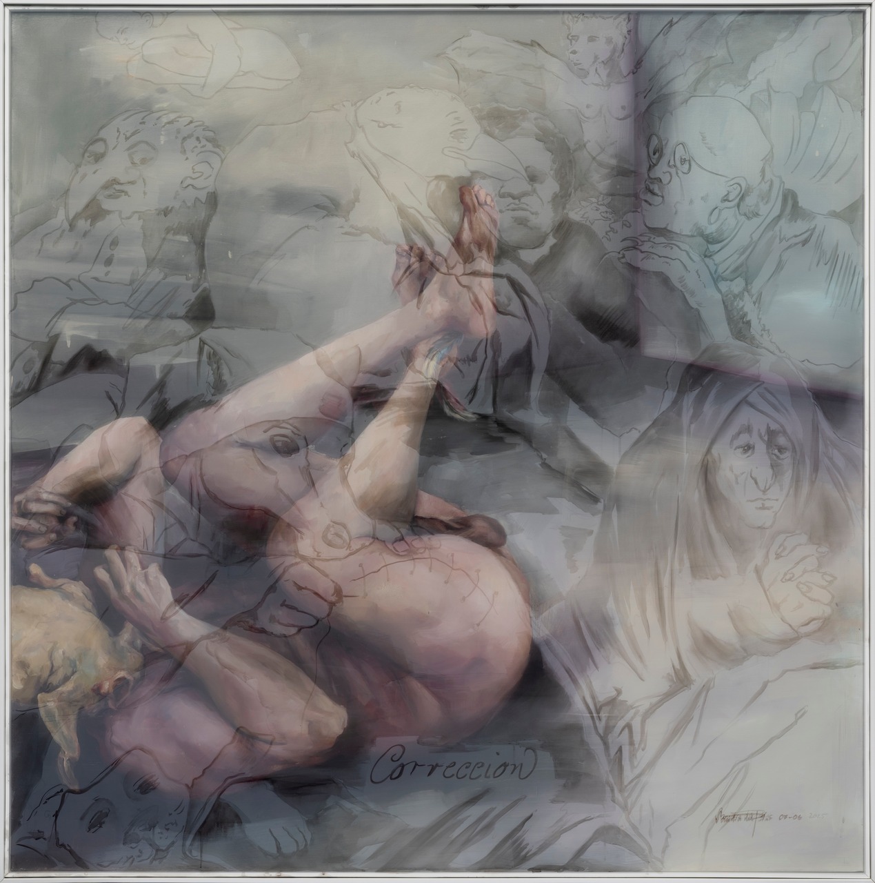 Sandra Del Pilar, Corrección, from the series: Caught in Disasters (VIII/IX), 2025, Oil on canvas and transparent fabric, 185 x 185 cm, © Sandra Del Pilar, Courtesy the artist and Zilberman Gallery