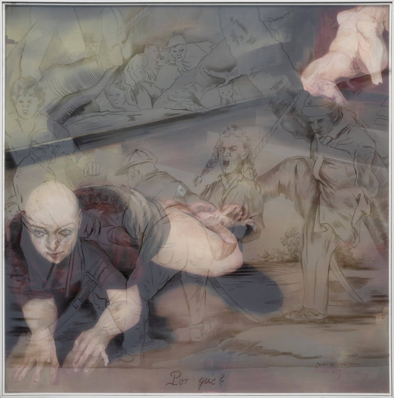 Sandra Del Pilar, Por qué?, from the series: Caught in Disasters (VI/IX), 2025, Oil on canvas and transparent fabric, 185 x 185 cm, © Sandra Del Pilar, Courtesy the artist and Zilberman Gallery