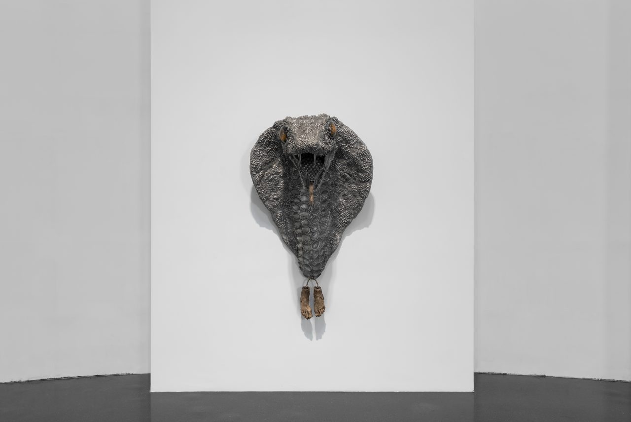 Jean-Marie Appriou, The Messenger’s Hiss, 2025, Patinated aluminum, bronze and glass, 190 x 110 x 105 cm, © Jean-Marie Appriou, Courtesy the artist and TANK Shanghai