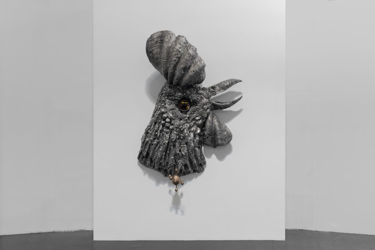 Jean-Marie Appriou, The Pandulum od origins, 2025, Patinated aluminum, bronze and glass, 234 x 150 x 60 cm, © Jean-Marie Appriou, Courtesy the artist and TANK Shanghai