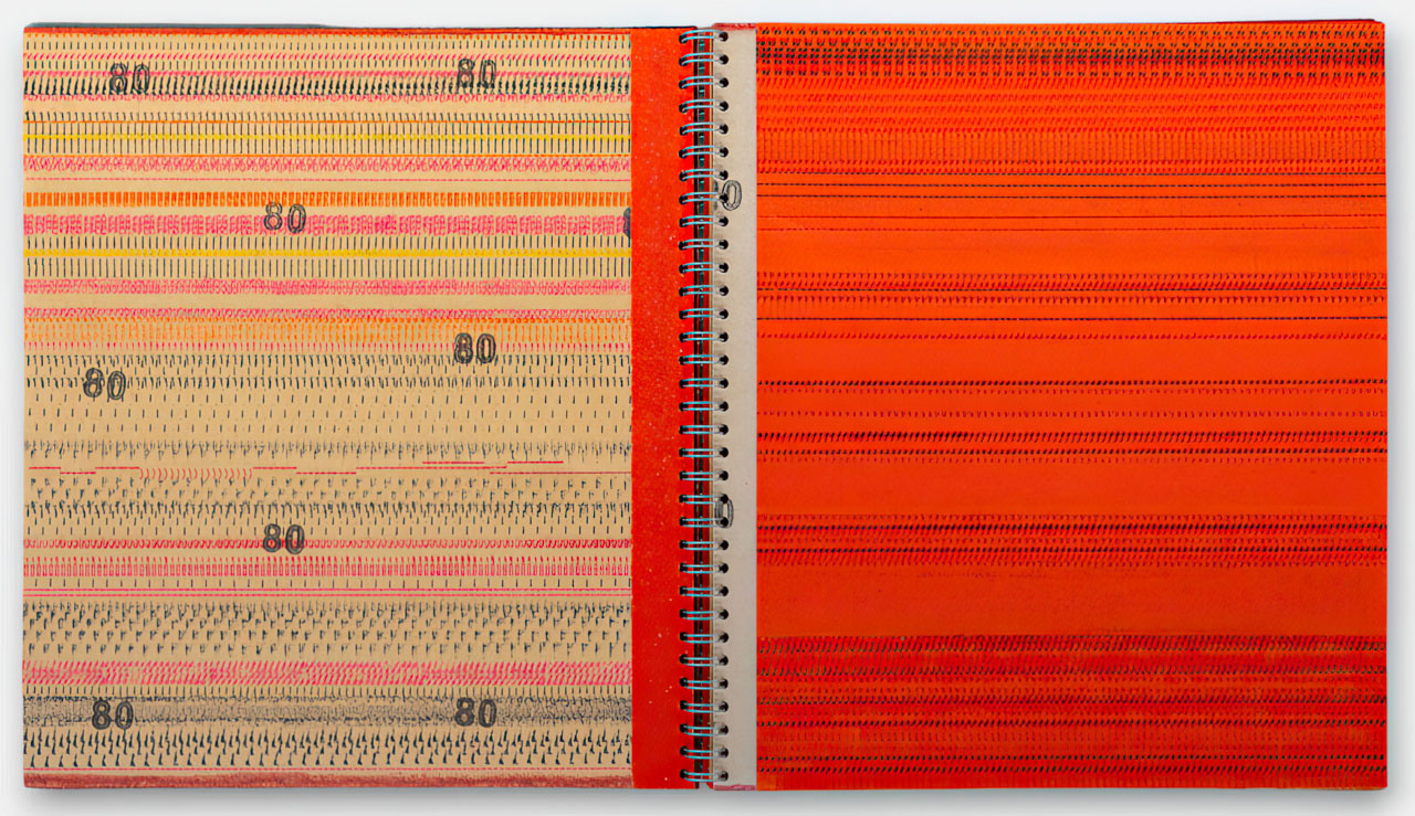 Raffaella della Olga, T44, 2023, Typewritten with carbon paper and ink ribbon on sandpaper, 11 × 10 1/4 in. (28 × 26 cm), Courtesy of the artist and Three Star Books