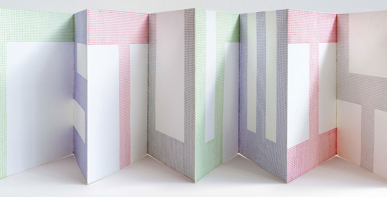 Raffaella della Olga, T47, 2023, Typewritten with ink ribbon and carbon paper on wallpaper with paperboard cover, 10 × 10 in. (25.5 × 25.5 cm); 275 5/8 in. (700 cm) extended, Courtesy of the artist and Three Star Books