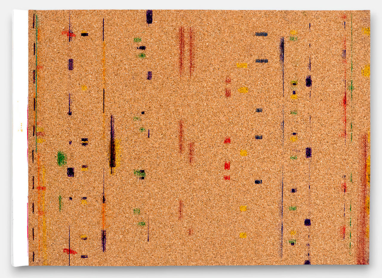 Raffaella della Olga, T50, 2024, Typewritten with carbon paper and ink ribbon on drawing paper and tracing paper, with cork cover, 11 3/4 × 16 1/2 in. (29.7 × 42 cm), Special Collections, Center for Curatorial Studies Library & Archives, Bard College, Annandale-on-Hudson, New York