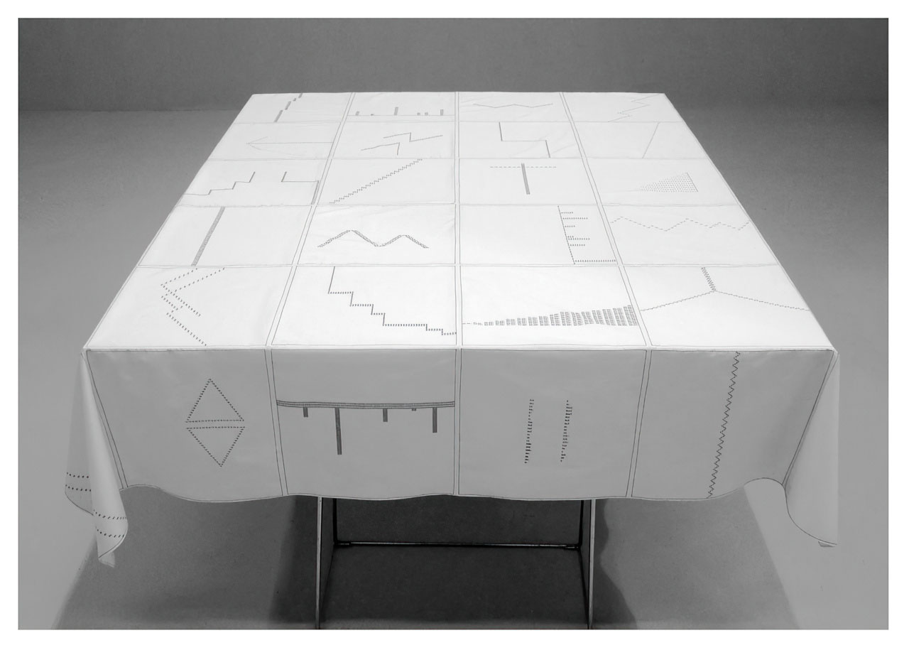 Raffaella della Olga, Aladdin, 2012, Typewritten on cotton fabric, 82 1/2 × 71 in. (210 × 180 cm), Courtesy of the artist and Three Star Books