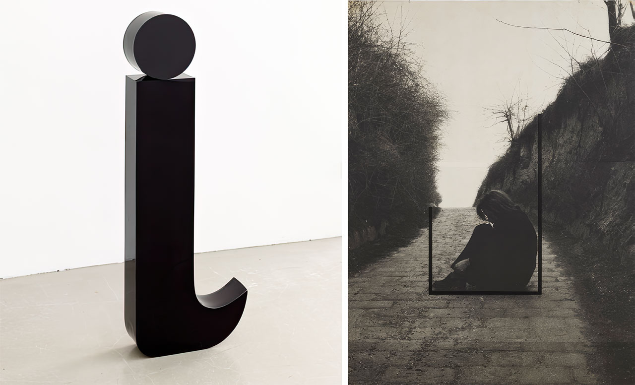 Left: KETTY LA ROCCA, J with dot (3 dimensions), 1970, Pvc plastic. 117 x 50 x 11 cm (46.06 x 19.69 x 4.33 in) , ©Archive Ketty La Rocca Michelangelo Vasta. Courtesy of Thaddaeus Ropac Gallery, London, Paris, Salzburg, Milan, Seoul Right: VALIE EXPORT, Aufhockung, 1972/1980. , Black and white silver gelatin print on baryta paper laid on chip board, overpainted. 230.5 × 170 cm (90.75 × 66.93 in) ), © VALIE EXPORT / SIAE 2025. Courtesy of Thaddaeus Ropac Gallery, London, Paris, Salzburg, Milan, Seoul