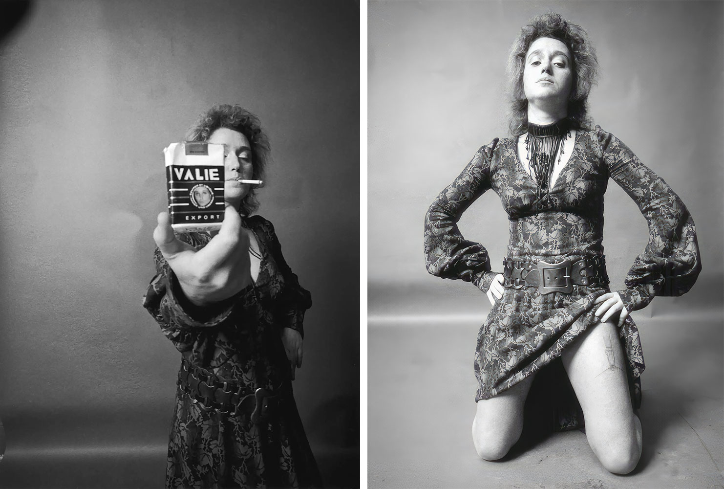 Left: VALIE EXPORT, VALIE EXPORT-SMART EXPORT (1967/70; photograph, 72 ×45 cm), © VALIE EXPORT / SIAE 2025. Courtesy of Thaddaeus Ropac Gallery, London, Paris, Salzburg, Milan, Seoul Right: VALIE EXPORT, BODY SIGN B, 1970. Black and white photograph. 44.6 × 30.4 cm (17.56 × 11.97 in), Photo: Gertraud Wolfschwenger, © VALIE EXPORT / SIAE 2025. Courtesy of Thaddaeus Ropac Gallery, London, Paris, Salzburg, Milan, Seoul