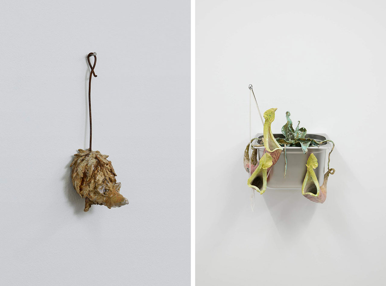 Left: Gerrit Frohne-Brinkmann, Mammoth Mouse XI, 2025 Glazed ceramics, steel 25 × 8 × 11 cm, 9 7/8 × 3 1/8 × 4 3/8 inches, © Gerrit Frohne-Brinkmann, courtesy the artist and Galerie Noah Klink Right: Gerrit Frohne-Brinkmann, Carnivore 2025, 2025, Glazed ceramics, stainless steel, fabric, various materials, 54 × 40 × 40 cm, 21 1/4 × 15 3/4 × 15 3/4 inches, © Gerrit Frohne-Brinkmann, courtesy the artist and Galerie Noah Klink