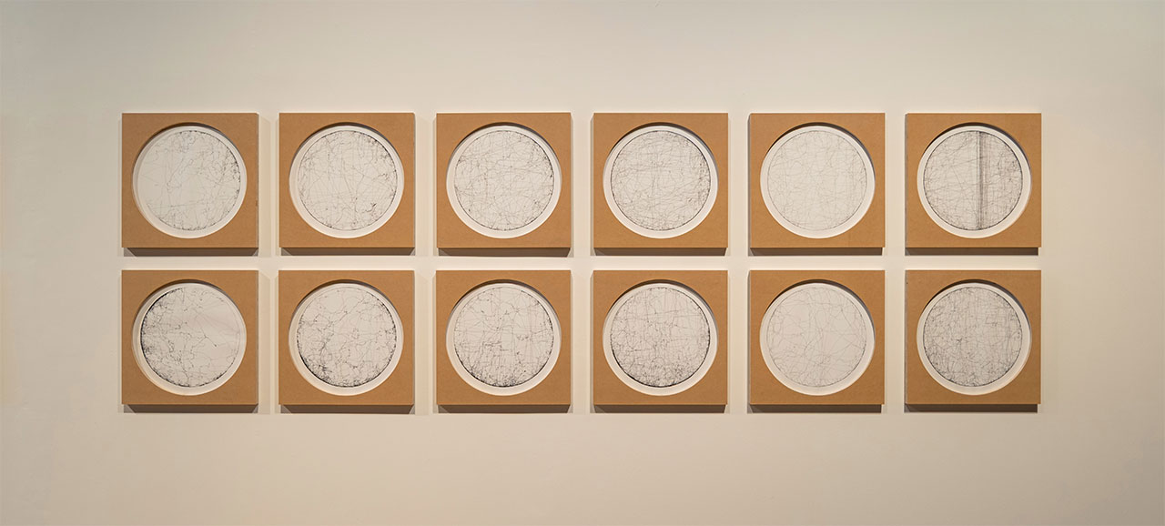 Olafur Eliasson, The seismographic testimony of distance (Berlin–Singapore, no. 1-6), (Singapore–Auckland, no. 1-6), (Auckland–Taipei, no. 1-6), (Taipei-Jakarta, no. 1-6) [detail], 2024-2025, Wood, paper, ink (black) , Each 57.8 x 57.8 x 3.8, Courtesy of Olafur Eliasson; neugerriemschneider, Berlin; Tanya Bonakdar Gallery, New York