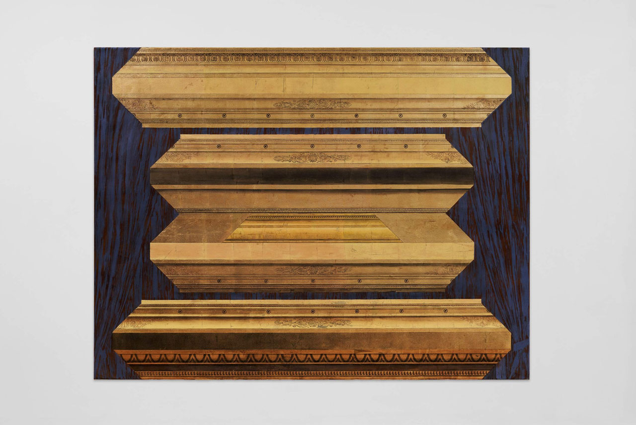 Josefine Reisch, Framing The Death of Marat as seen in Brussels, Paris, Dijon, Reims and Versailles, 2024, Oil and metal leaf on canvas, 160 × 240 cm, 63 × 94 1/2 inches, © Josefine Reisch, courtesy the artist and Galerie Noah Klink