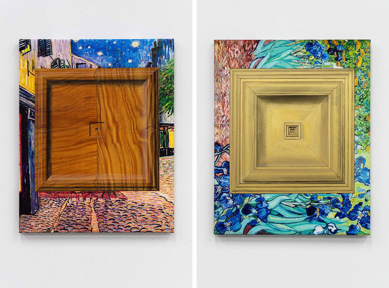 Left: Josefine Reisch, Inversion (Café Terrace at Night), 2025, Oil and acrylic on printed canvas, 50 × 40 cm, 19 5/8 × 15 3/4 inches, © Josefine Reisch, courtesy the artist and Galerie Noah Klink Right: Josefine Reisch, Inversion (Irises), 2025, Oil and acrylic on printed canvas, 50 × 40 cm, 19 5/8 × 15 3/4 inches, © Josefine Reisch, courtesy the artist and Galerie Noah Klink
