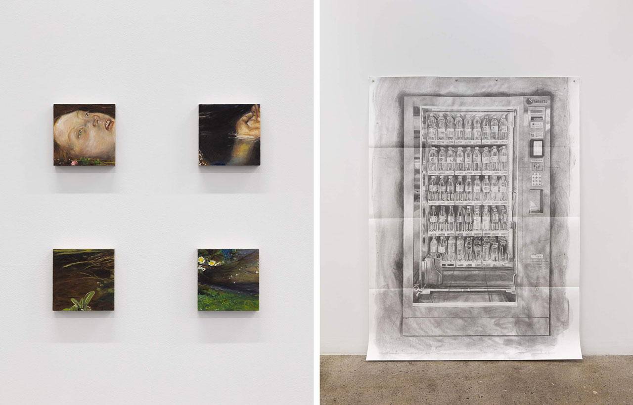 Left: Alison Yip, Sad Girl, 2025, Oil on wood, 50 × 50 × 3 cm, 19 5/8 × 19 5/8 × 1 1/8 inches, © Josefine Reisch, courtesy the artist and Galerie Noah Klink Right: Alison Yip, Untitled II, 2025, Charcoal, graphite, coloured pencil on paper, earth magnets, 200 × 150 cm, 78 3/4 × 59 inches, © Josefine Reisch, courtesy the artist and Galerie Noah Klink