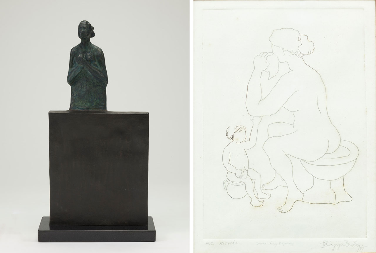Left: Dolorosa Sinaga. Fear No Power. 2003. Bronze, 60 × 14.7 × 31.6 cm. Collection of National Gallery Singapore. © Dolorosa Sinaga Right: Imelda Cajipe Endaya. Ritwal (Ritual). 1974. Etching, 20.2 × 14.8 cm. Private collection