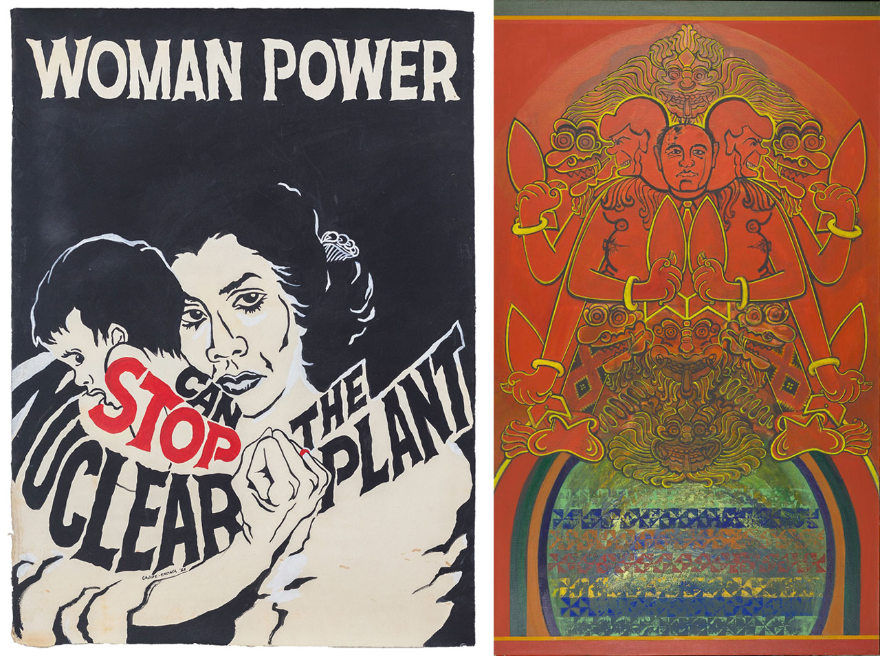 Left: Imelda Cajipe Endaya. Woman Power/Stop Nuclear Plant. 1984. Tempera on watercolour paper, 76 × 55.5 cm. Collection of the artist Right: Nirmala Dutt. Anti-Nuclear Piece (Commemoration of Hiroshima day). 1988. Acrylic on canvas, 205.5 × 120.8 cm. Collection of National Gallery Singapore