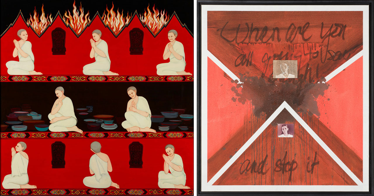 Left: Phaptawan Suwannakudt. My Mother Was a Nun I. 1998. Acrylic on canvas, 121 × 120 cm. Collection of National Gallery Singapore Right: Nirmala Dutt. Self-Portrait. 1999. Acrylic and collage on canvas, 101.5 × 91.5 cm. Collection of National Gallery Singapore