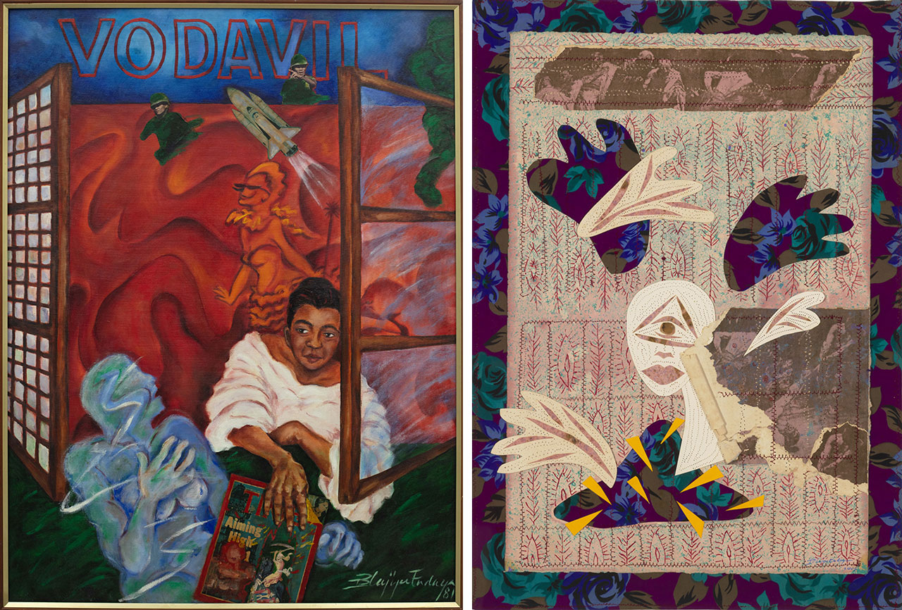 Left: Imelda Cajipe Endaya. Buhay ay Vodavil Komiks (Life is a Vaudeville Comic Book). 1981. Oil and collage on canvas. 121 × 90 cm. Collection of National Gallery Singapore © Imelda Cajipe Endaya Right: Imelda Cajipe Endaya. Juan's 'Spoliarium' and Alma's 'Lipad Suso Lipad' (Juan's ‘Spoliarium’ and Alma's ‘Flying Breasts’). 2004. Oil, acrylic and collage on textile, 64 × 45 cm. © Imelda Cajipe Endaya