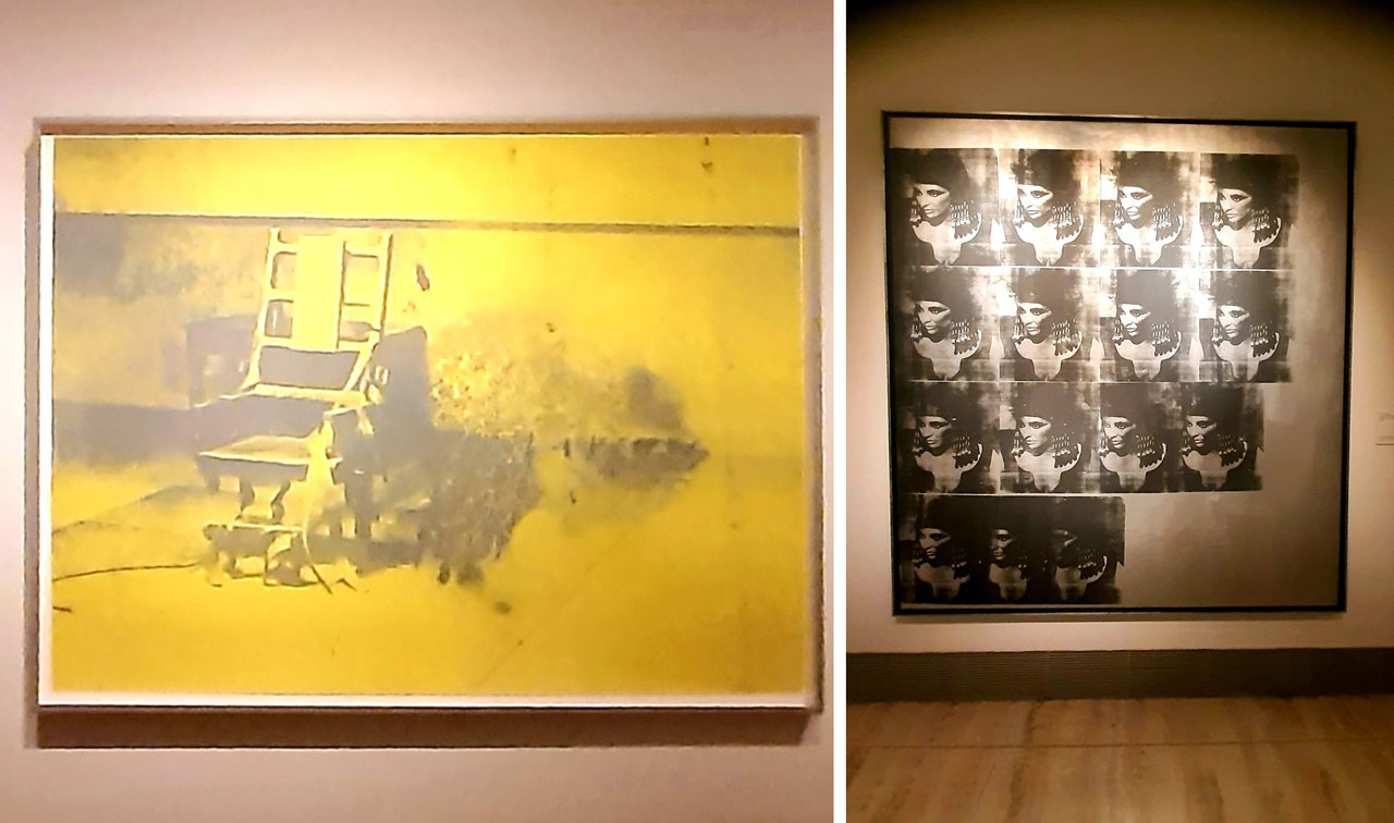 Left: Andy Warhol, Electric Chair, 1967, Exhibition view “"Warhol, Pollock y otros espacios americanos", Museo Nacional Thyssen-Bornemisza-Madrid, 2025-2026, Photo: © & Courtesy Mimika Christodoulopoulou Right: Andy Warhol, Blue Liz as Cleopatra, 1962, Exhibition view “"Warhol, Pollock y otros espacios americanos", Museo Nacional Thyssen-Bornemisza-Madrid, 2025-2026, Photo: © & Courtesy Mimika Christodoulopoulou