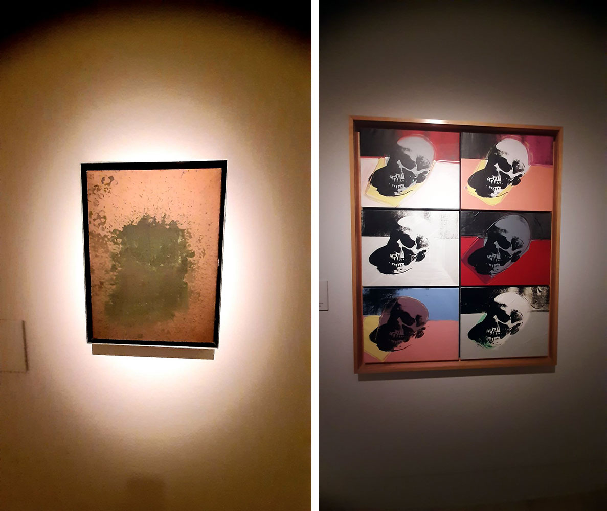 Left: Andy Warhol, Oxidation Painting, 1978, Exhibition view “"Warhol, Pollock y otros espacios americanos", Museo Nacional Thyssen-Bornemisza-Madrid, 2025-2026, Photo: © & Courtesy Mimika Christodoulopoulou Right: Andy Warhol, Skulls, 1976, Exhibition view “"Warhol, Pollock y otros espacios americanos", Museo Nacional Thyssen-Bornemisza-Madrid, 2025-2026, Photo: © & Courtesy Mimika Christodoulopoulou