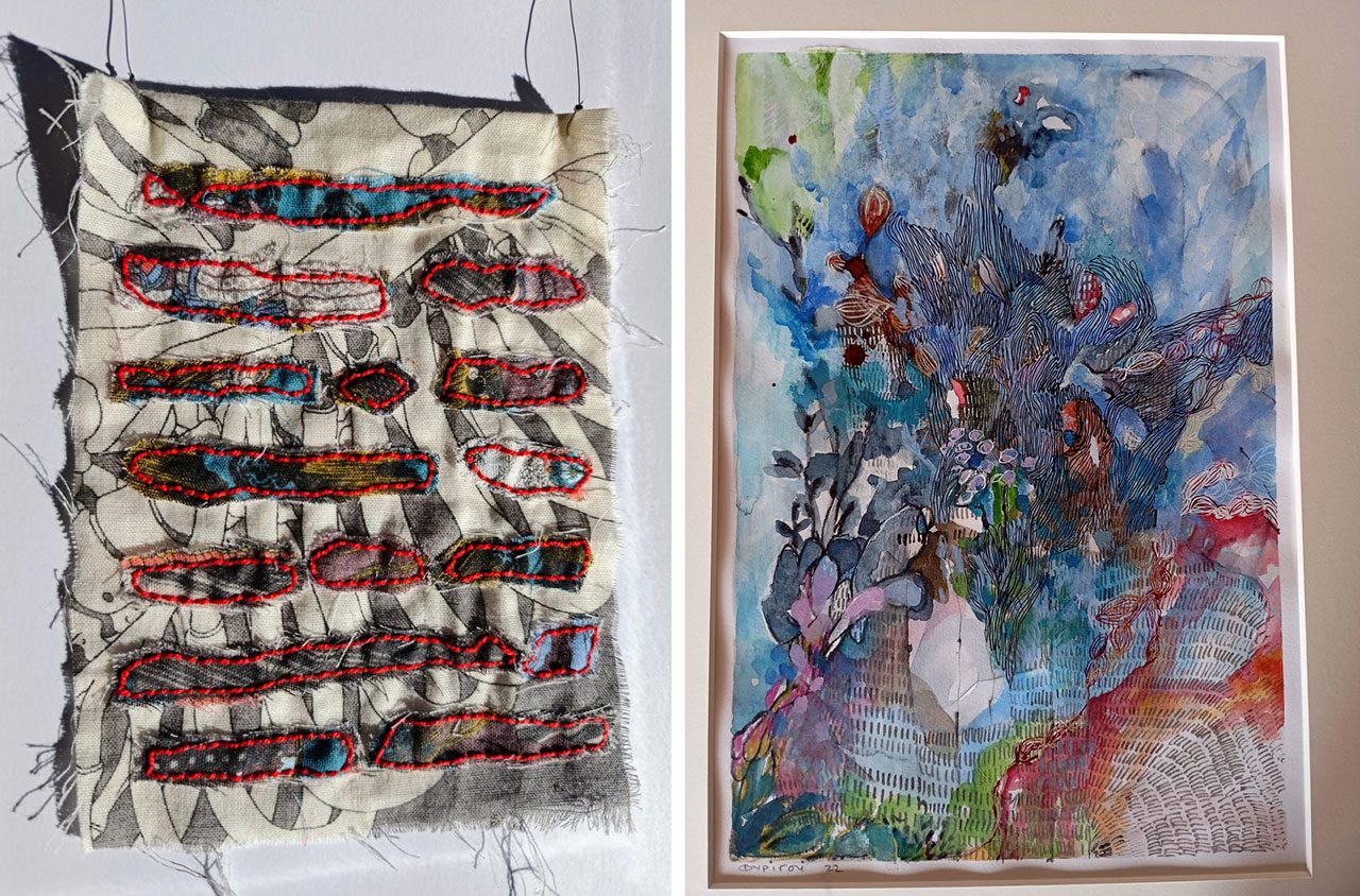 Left: Agapi Fessatidou-Pcharaki, Silent Balance, (detail), 2025, Cloth, yarn and old frame, 30,5 x 24 cmRight: Josephine Fyrigou, Flow of elementary waters, 2025, Mixed media on paper, 41X29cm