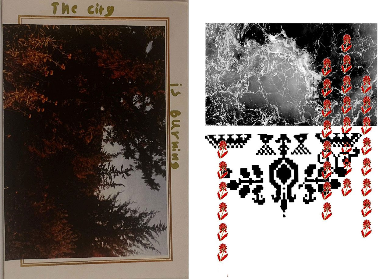 Left: Aurelia Dimaresi , Postcard from Burning City, 2026, Card postal, 11,5 x 17,3 cm Right: Fenia Fenia Chatzimichail, Vertical Routes, 2025, Digital Print on Gloss paper 200 gr, 25Χ35 cm