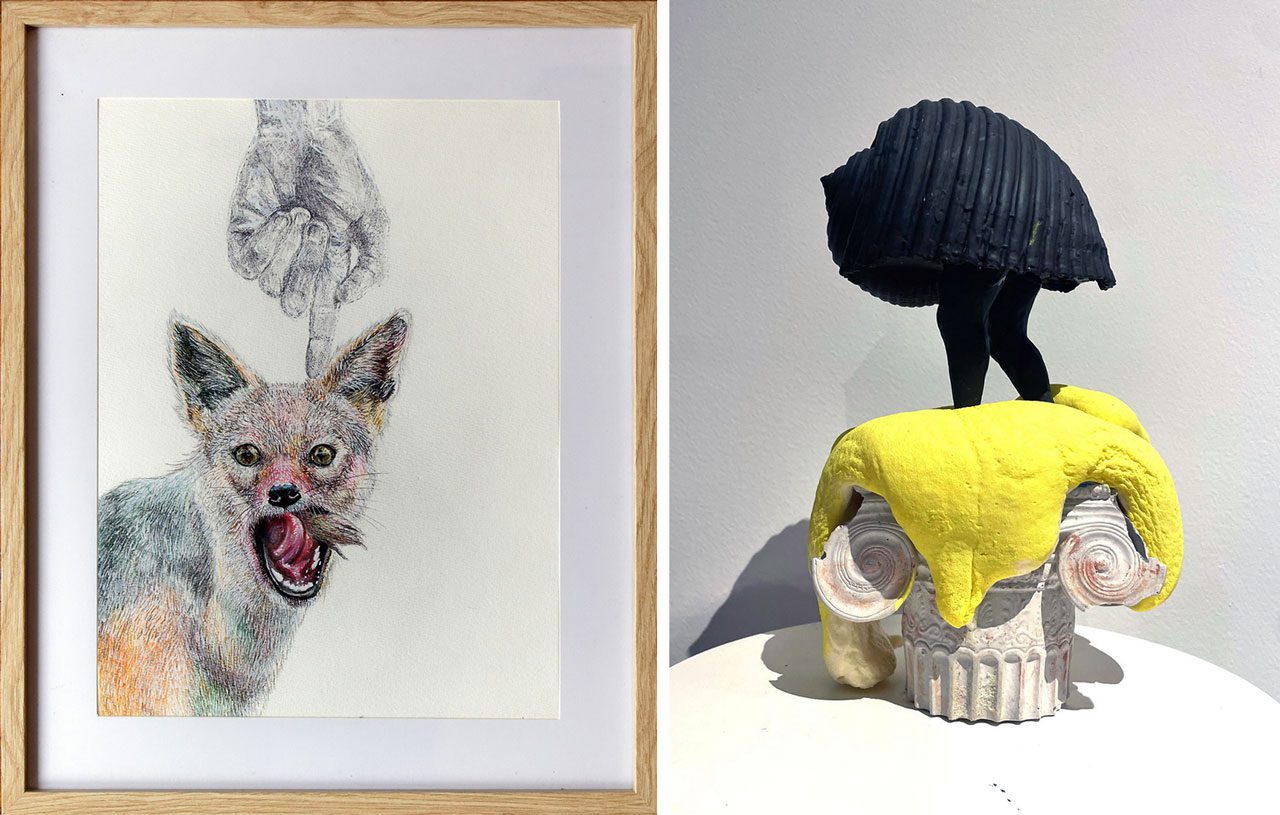 Left: Loukia Eva Kaila, Violence, 2025, Technical pen, graphite pencil, markers, colored pencils and watercolor on paper, 29,7x 42 cmRight: Leda Alexopoulou, Keep walking 1, 2025, print, 28Χ17Χ15 cm