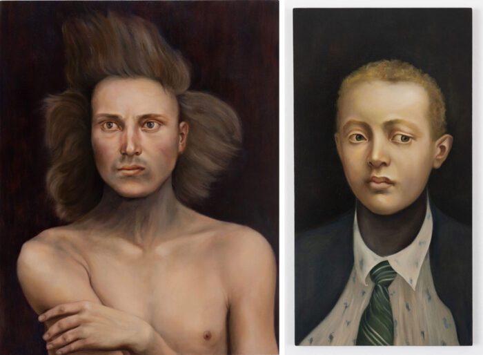 Photo left: Sophie Kuijken, B.L.B.A., 2025, 70,5 x 55 x 1,8 cm (27 3/4 x 21 5/8 x 0 11/16 inches), © Sophie Kuijken, Courtesy the artist and Galerie Nathalie Obadia Photo right: Sophie Kuijken, K.U.M., 2023, Oil and acrylic on plywood panel, 76 x 40 x 1,8 cm (29 7/8 x 15 11/16 x 0 11/16 inches), © Sophie Kuijken, Courtesy the artist and Galerie Nathalie Obadia