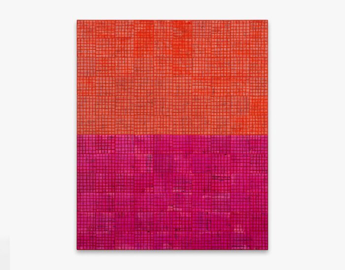 McArthur Binion, dna:study, 2025, Ink, paintstick and paper on board, 48 x 40 x 2 1/4 inches, 121.9 x 101.6 x 5.7 cm, © McArthur Binion, Courtesy the artist and Lehmann Maupin Gallery