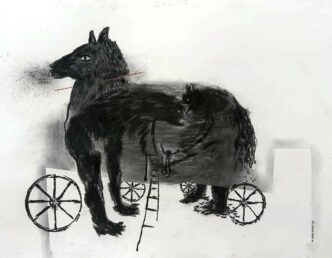 Father and two neighbors, 2025, carbon on paper, 100x70 cm