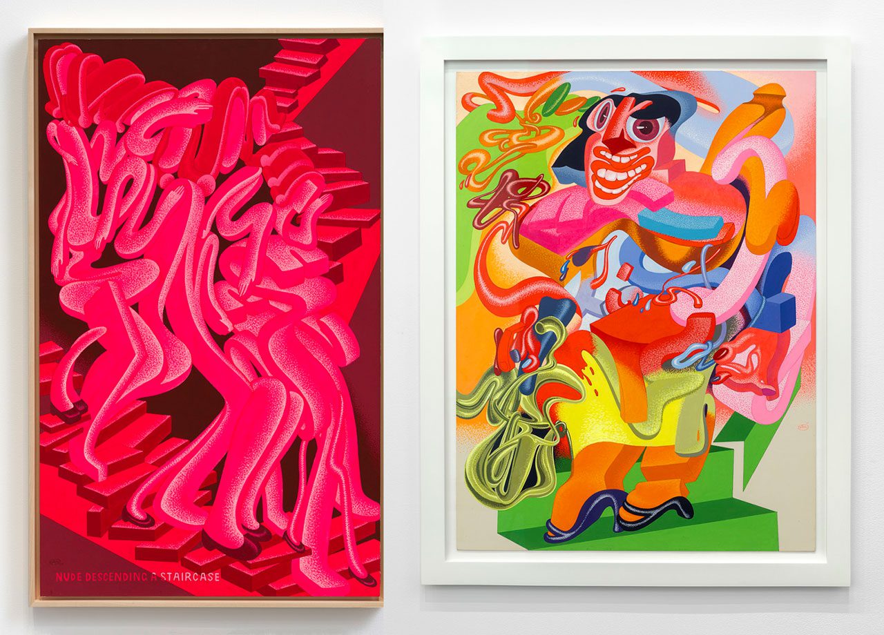 Left: Peter Saul, Nude descending the staircase,, 1977, Mixed media on paper, 18 x 11 inches (45.7 x 30.2 cm)Right: Peter Saul, De Kooning's "Woman with Bicycle", 1977, Acrylic on museum board, 40 1/8 x 30 1/8 inches (101.9 x 76.5 cm)
