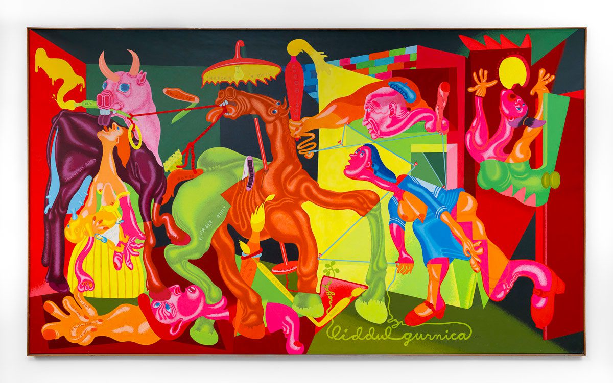 Peter Saul, Little Guernica, “Liddul Guernica”, 1973, Acrylic on canvas, 72 x 121 inches (182.9 x 307.3 cm)