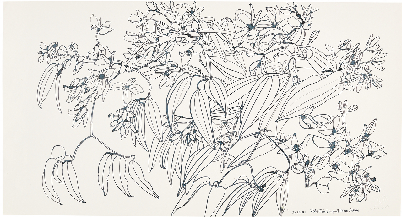 Ruth Asawa, Valentine Bouquet from Adam (PF.555), 1991; ink on paper; 31.8 x 58.4 cm; private collection; © 2026 Ruth Asawa Lanier, Inc., courtesy David Zwirner; photo: James Paonessa
