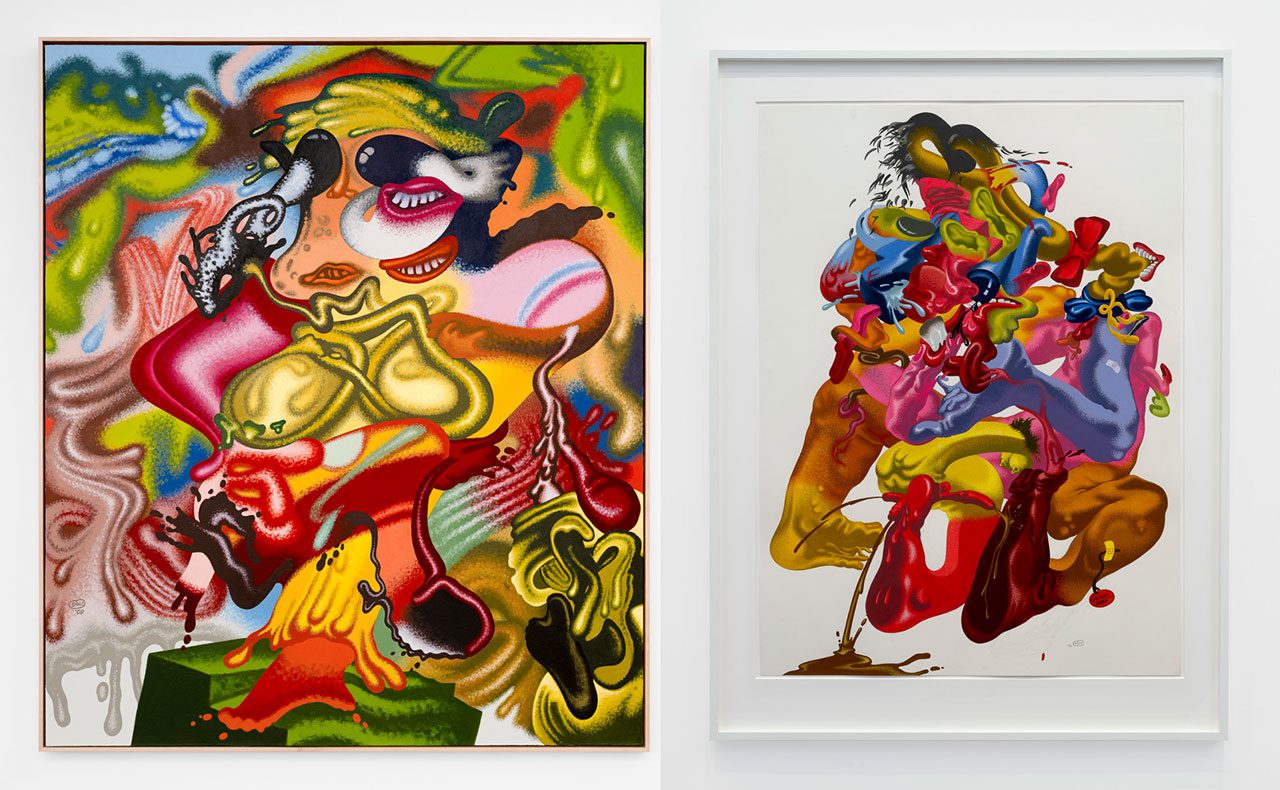 Left: Peter Saul, Better than de Kooning, 2008, Oil and acrylic on canvas, 84 x 72 inches (213.4 x 182.9 cm)Right: Peter Saul, Untitled, 1980m, Acrylic and oil on paper, 50 ¾ x 37 ¾ inches (128.9 x 95.9 cm)