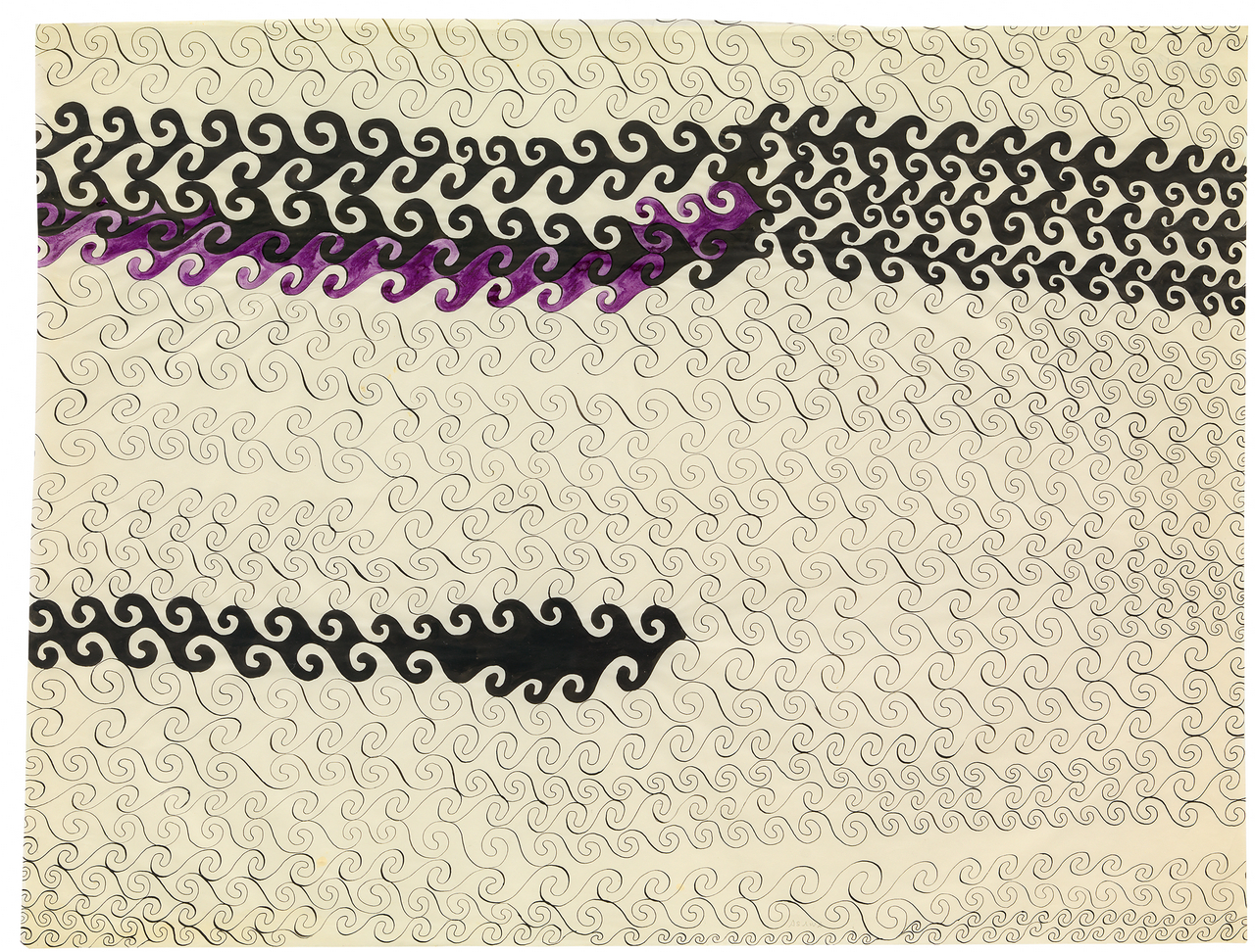 Up: Ruth Asawa, Untitled (BMC.58, Meander - Curved Lines), ca.1948; ink on paper; 41.9 x 55.9 cm; private collection;© 2026 Ruth Asawa Lanier, Inc., courtesy David Zwirner; photo courtesy Fine Arts Museums of San Francisco Down: Ruth Asawa, Untitled (S.363, Freestanding Basket), ca.1948; copper wire; 11.4 x 19.l x 19.7 cm; Asheville Art Museum, Asheville, North Carolina, Black Mountain College Collection, museum purchase with funds provided by 2010 Collectors' Circle with additional funds provided by Frances